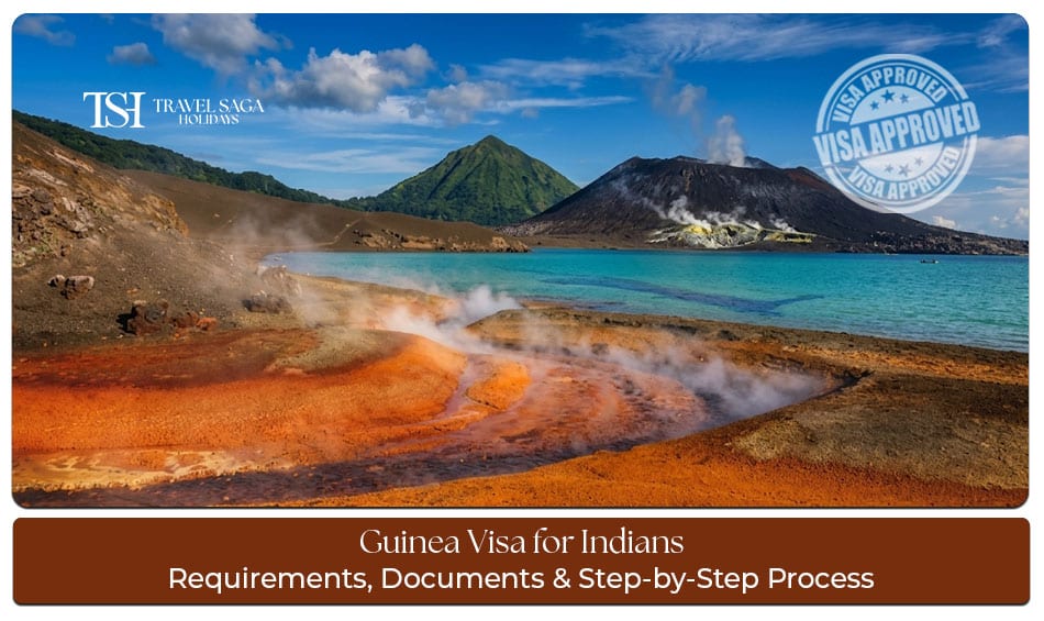 Indian passport alongside Guinea visa application documents, travel itinerary, and supporting paperwork for visa processing.