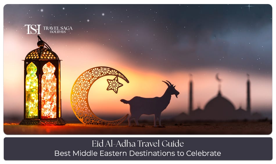 Muslim travelers celebrating Eid Al-Adha with family gatherings, festive meals, and holiday travel preparations during vacation season