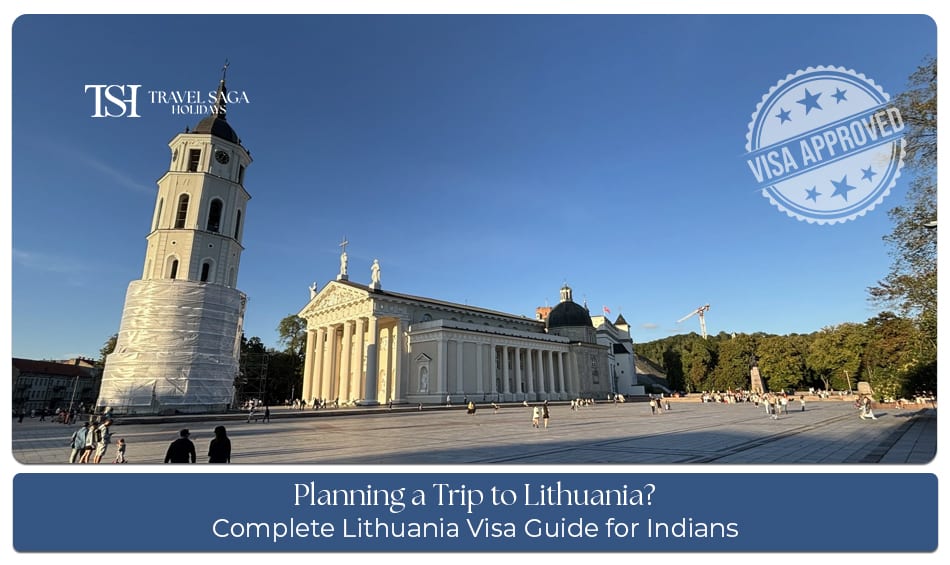Lithuania visa guide for Indians with passport, Schengen visa documents, and famous Lithuania travel attractions