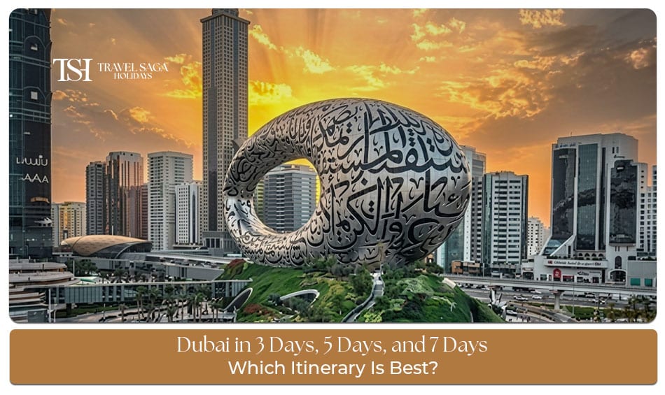 Dubai itinerary comparison featuring top attractions and experiences across 3-day, 5-day, and 7-day travel plans.