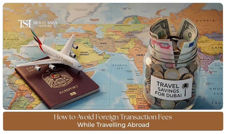 Traveler using a credit card abroad while avoiding foreign transaction fees during international travel.