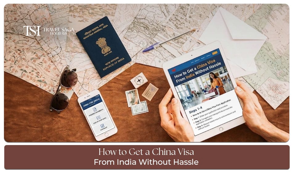 Indian passport and visa application documents while reviewing the China visa process, with a China visa approval stamp in the background.