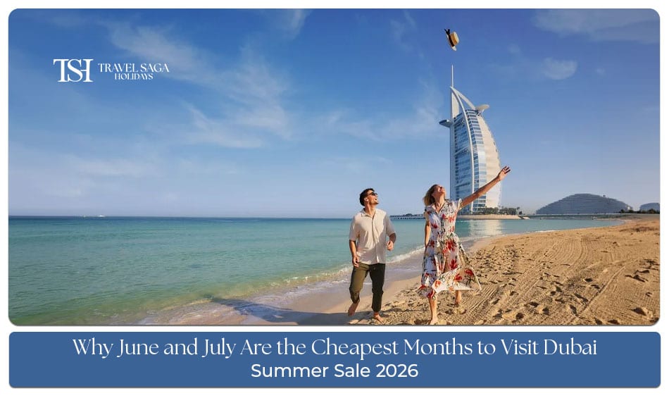 Dubai skyline with Burj Khalifa and modern cityscape during the summer season, highlighting June and July as the cheapest months to visit Dubai.