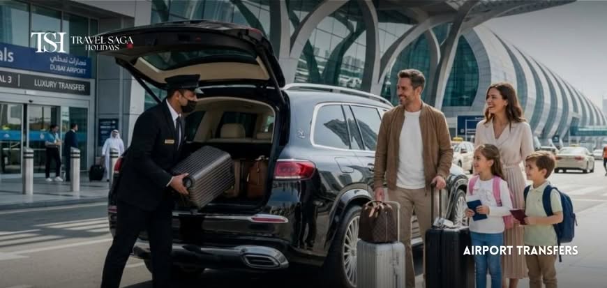 Professional airport transfer service with travelers being greeted by a driver and transported comfortably between the airport and their hotel.