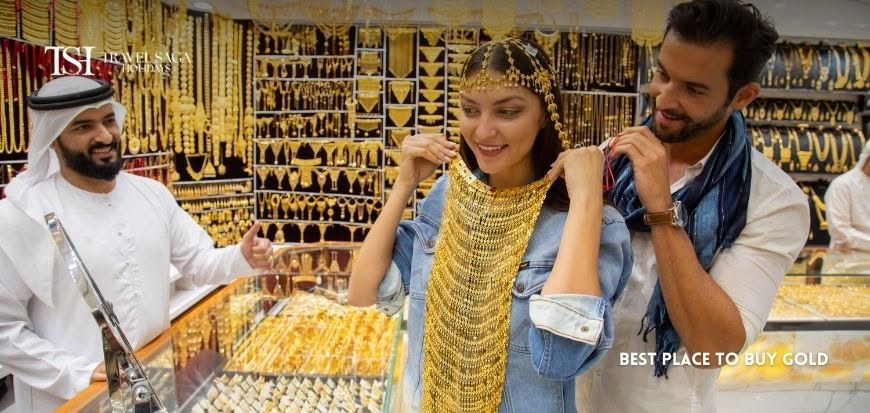 Shoppers exploring gold jewellery stores and traditional gold markets in Dubai Gold Souk.