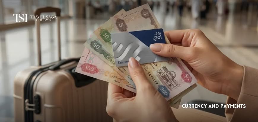 Traveler using local currency and making a secure card payment while shopping and dining during an international trip.