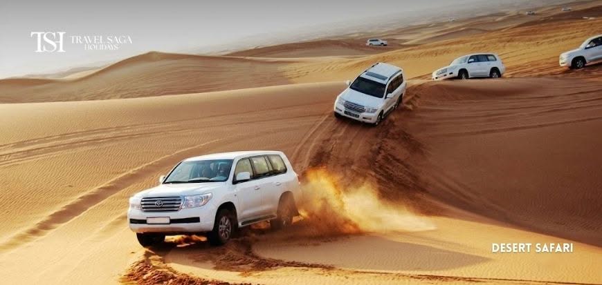 Tourists enjoying top activities in Dubai including desert safari, Burj Khalifa, and Dubai Marina cruise.