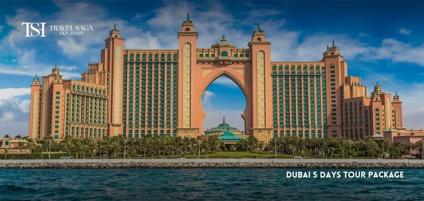 Tourists exploring Dubai’s iconic attractions, including Burj Khalifa, Dubai Marina, desert safari, and luxury city landmarks during a 5-day holiday package.