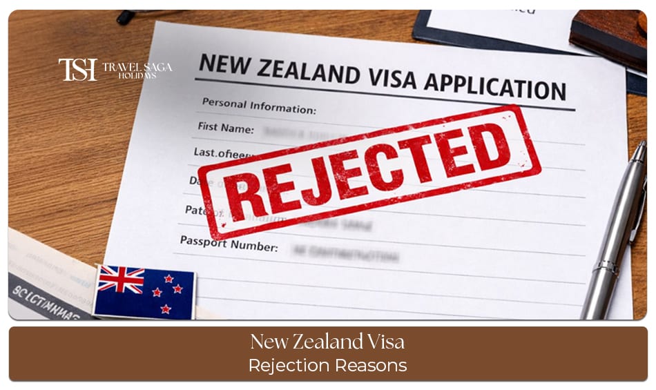 New Zealand visa rejection reasons explained with visa application documents, passport, and refusal notice.