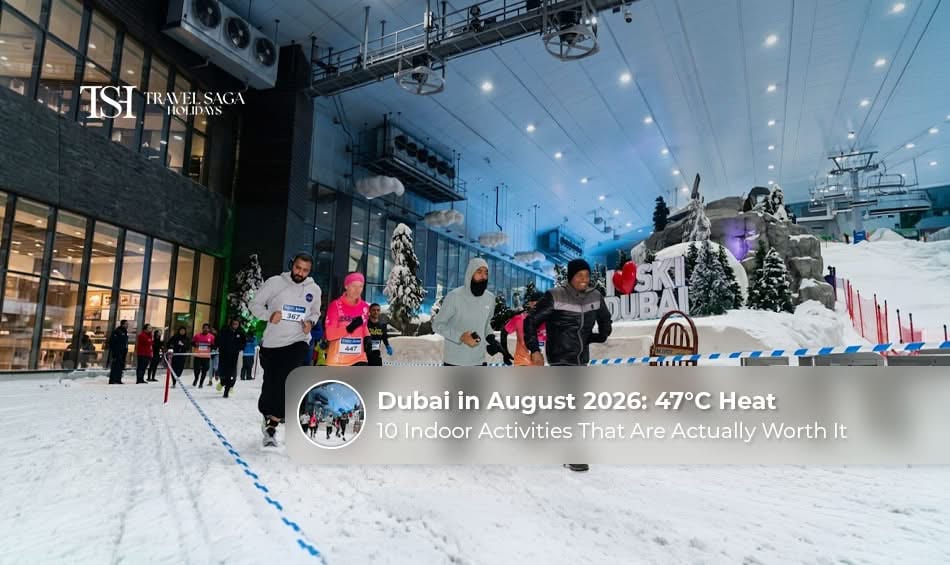 Family enjoying indoor attractions in Dubai during August 2026 to escape the 47°C summer heat.