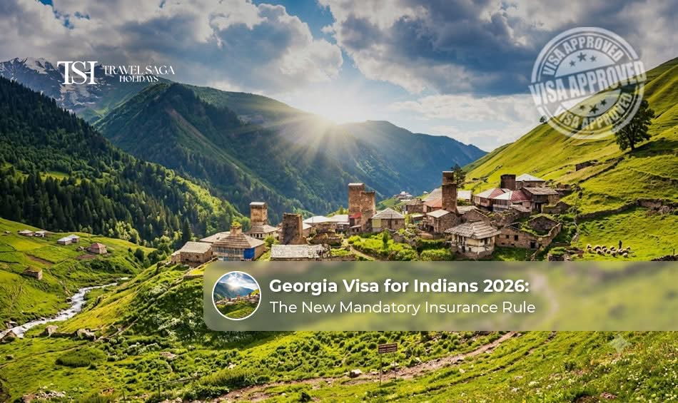 Georgia visa for Indian travellers with passport, travel documents, and scenic views of Georgia in 2026.